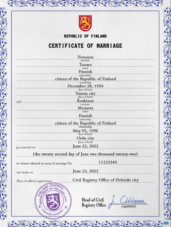 Download Finland marriage certificate PSD template Photoshop template